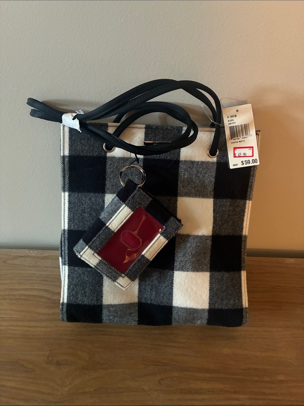 Nine West Black and White Buffalo-Check Tote with Matching Card Holder